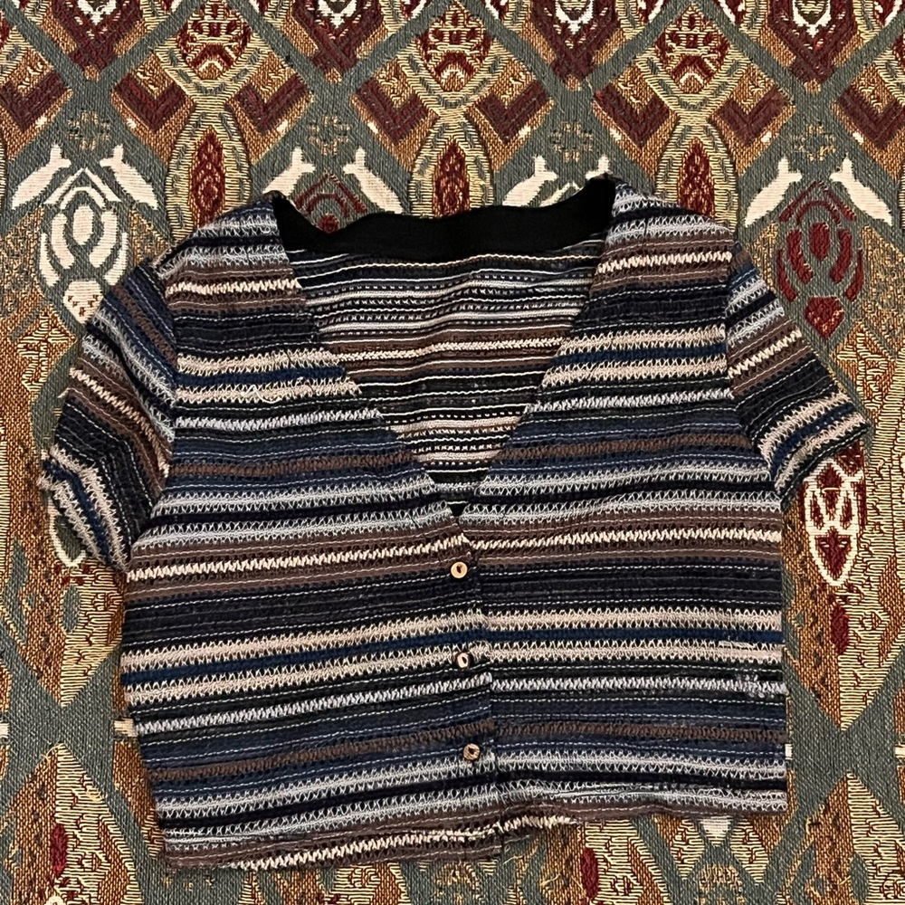 Striped V-Neck Button-Up Sweater